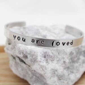 You Are Loved - Hand Stamped Anodized Aluminum Bangle - Adjustable